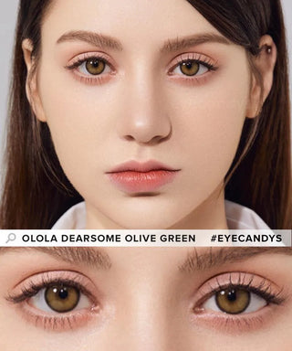 A close-up shows a woman's face wearing Olola Dearsome Olive Green lenses by Olola, designed for dark eyes. The image zooms in on her eyes and the lenses, with text reading "Olola Dearsome Olive Green #EyeCandys.