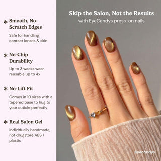 A hand with EyeCandys Diet Cola Press-On Nails is shown against a soft pink background. Text highlights smooth edges, chip-free durability, no-lift fit, salon gel finish, and safe use for contact lens wearers.