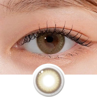 Macro shot of an eye wearing the DooNoon Bono Brown prescription colour contact lens, showing the multi-colored detail and natural effect on dark brown eyes, with clean eye makeup. At the bottom is the pattern of the colored lens design, showing the dotted detail and pigmentation.