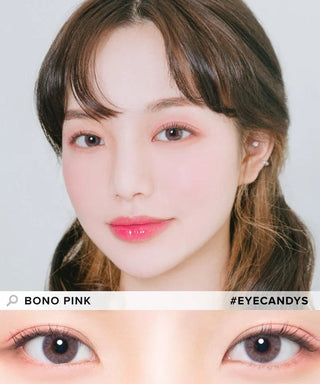 A woman with long brown hair and glowing skin showcases pink makeup and colored contact lenses from the EyeCandys Peach Fuzz Bundle (5 Pairs). A close-up shows her eyes with non-prescription contacts. Text: "BONO PINK" and "#EYECANDYS".