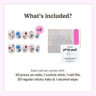 Image showing what’s included with EyeCandys Dot Cake Press-On Nails: 20 colorful reusable nails, cuticle stick, pink nail file, 20 adhesive tabs, and alcohol pad. Text: “What’s included?” with a brief summary for each item.