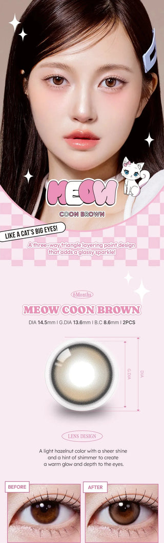 A young woman with straight dark hair and a blue hair clip models Olola Meow Natural Coon Brown contacts by Olola, with close-ups highlighting the lens design and before-and-after eye photos for comparison.