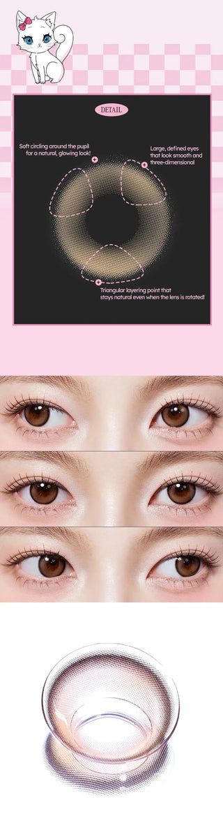 Diagram showing the design features of Olola Meow Natural Coon Brown contacts by Olola, plus three close-up eye images with the lens and a detail photo highlighting its subtle brown pattern for a natural look.