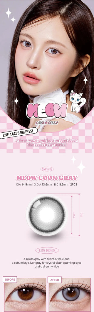 A young woman with long dark hair wears Olola Meow Natural Coon Grey contacts. The image displays lens design, before-and-after photos, and description text on a pink checkered background with cat graphics, promoting the Olola brand.
