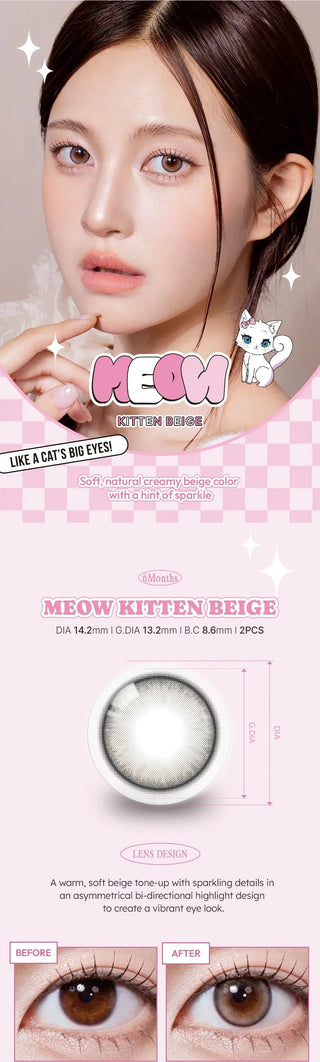 A young woman with flawless skin wears Olola Meow Natural Kitten Beige cat eye contacts by Olola, which make her eyes appear larger. The image shows product details, a cartoon cat, and before-and-after close-ups of the lens effects.