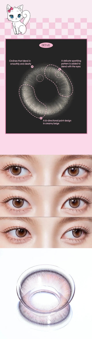 A graphic presents the Olola Meow Natural Kitten Beige by Olola with text, diagrams, close-up photos of eyes wearing the beige contacts in various lighting, and a large image of the brown lens on a white background.