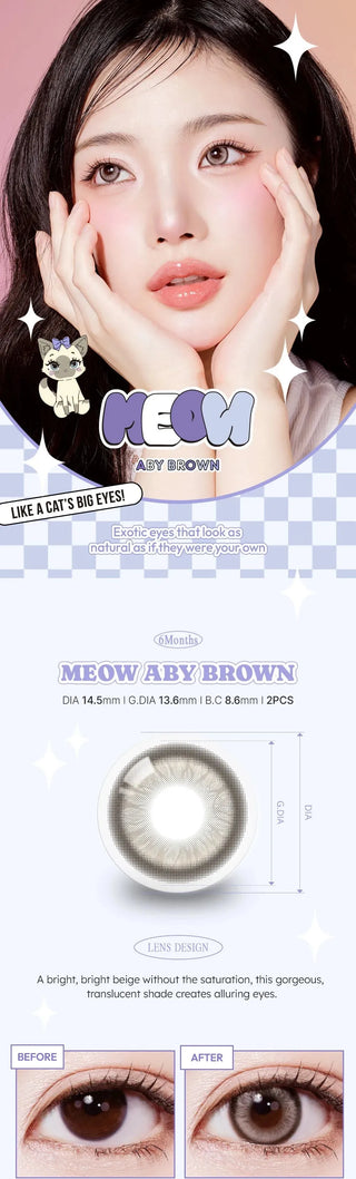 A young woman with her hands framing her face wears Olola Meow Vivid Aby Brown color contacts, which enlarge her eyes. The ad shows a close-up of the lenses, product info, myopia prescription details, and before-and-after images of brown eyes.