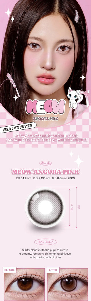 A young woman with straight dark hair wears Olola Meow Natural Angora Pink contacts by Olola for a feline-inspired look. The image displays the lens details, a cat illustration, and before-and-after photos showing the pink contacts' effect.