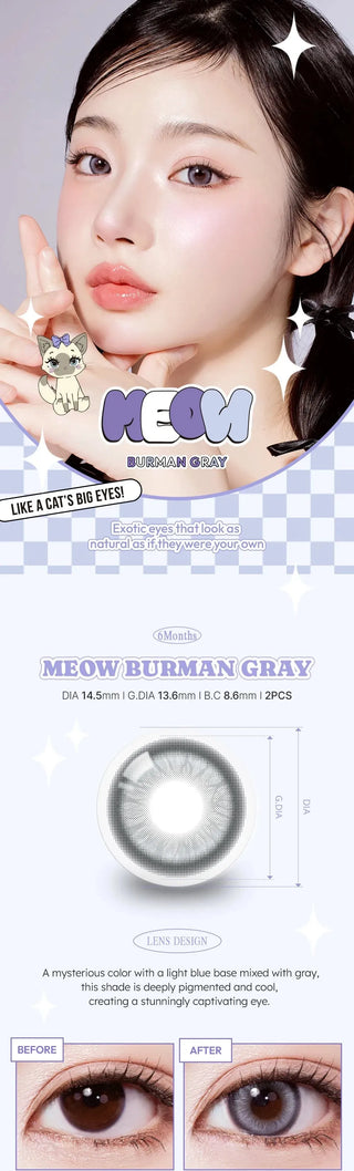 A woman wears Olola Meow Vivid Burman Grey contacts by Olola, showing enlarged gray-tinted eyes. A close-up highlights the lens design for dark eyes, with product details and a before-and-after eye comparison.