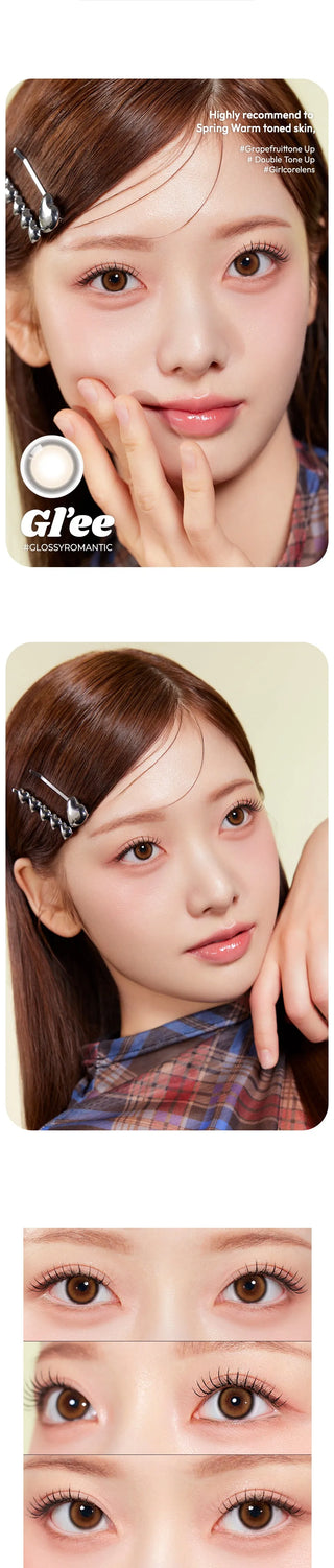 A young woman with long brown hair, brown eyes, and natural makeup poses with her hand near her face. She wears a plaid top and a silver hair clip. Close-ups showcase her eyes enhanced by Olola Glee Brown contacts from Olola.