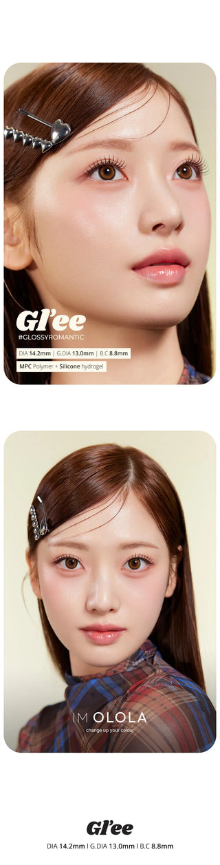 Two close-up photos show a young woman with fair skin and straight brown hair wearing Olola Glee Brown color contacts by Olola. She has natural makeup and decorative hair clips. Text highlights these colored contacts' features for dark eyes.