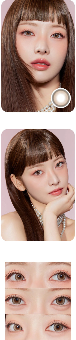 A young woman with long brown hair and straight bangs wears natural makeup, a pearl necklace, and Olola Glint 1-Day Grey (10pk) circle lenses by Olola. Close-ups show her shimmery nude eyeshadow, subtle mascara, and soft grey contacts.