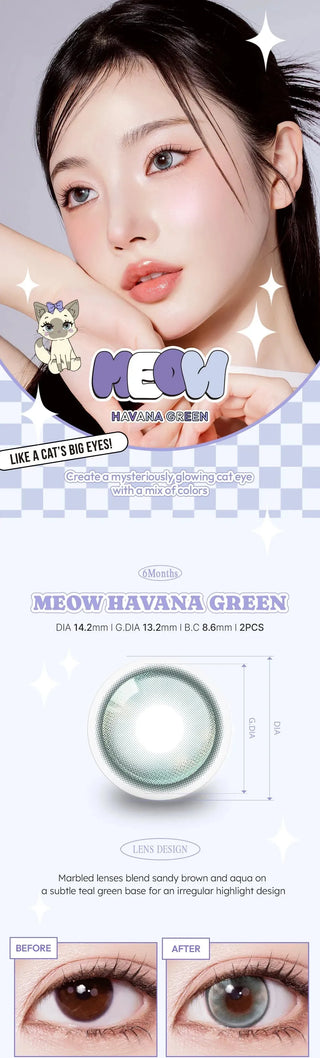 A young woman with fair skin and black hair models Olola Meow Vivid Havana Green contacts by Olola, blending teal and brown hues. Close-up images, text, and graphics highlight these striking prescription color contact lenses.
