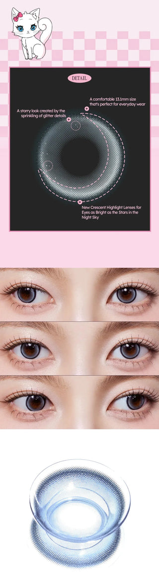 Promotional image for Olola Meow Natural Siam Blue contacts by Olola, showing lens details, close-ups of vivid blue eyes, a 3D lens render, and a cute cat illustration on a pink checkered background.
