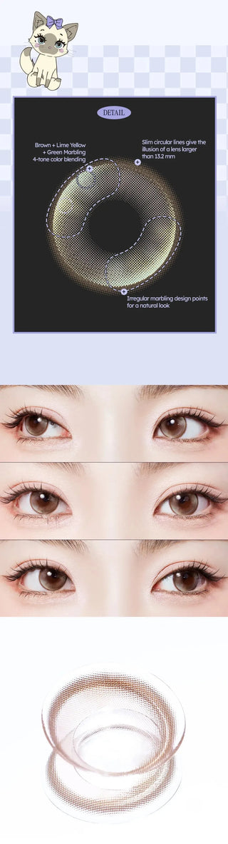 Diagram of the Olola Meow Vivid Savannah Brown color contact lens by Olola, showing its detailed pattern, before-and-after photos on an eye wearing the prescription contacts, and a close-up of the lens.