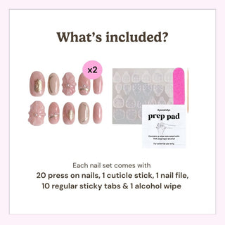 What’s included in the box: 20 press on nails, cuticle stick, nail file, 10 adhesive tabs, and alcohol wipe for easy at-home manicure application.
