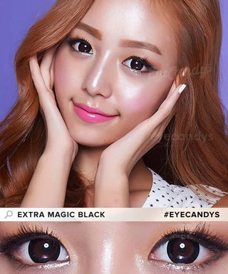 A smiling woman with long light brown hair frames her face with her hands. She wears pink lipstick, shimmery makeup, and EyeCandys Extra Magic Black contact lenses for an enlarging effect. A close-up of her eyes is shown below.