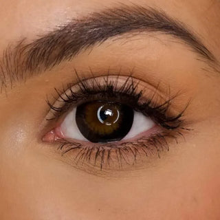A close-up of a brown eye wearing EyeCandys Extra Magic Black contact lenses by EyeCandys, with long eyelashes and groomed brows. The smooth skin and subtle makeup enhance the natural beauty of the eye.
