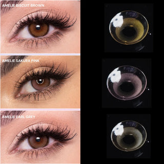 Close-up photos of three brown eyes, each wearing a different natural circle lens. Featured shades include EyeCandys Amelie Biscuit Brown, Sakura Pink, and Earl Grey, with each lens shown beside its corresponding eye.