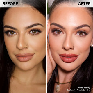 Side-by-side comparison of a woman's face before and after makeup and EyeCandys Amelie Earl Grey lenses. The “before” shows a natural look, while the “after” showcases bold makeup and enhanced eyes with subtle grey contacts from EyeCandys.