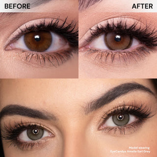 Close-up photos display brown eyes before and after wearing EyeCandys Amelie Earl Grey lenses, revealing a lighter grayish-green hue. The final shot, styled with bold makeup, highlights the natural-looking enhancement by EyeCandys.