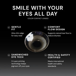 A grey EyeCandys Amelie Earl Grey lens is centered on black, with four features—gentle fit, comfort flow design, sandwiched dye tech, and health & safety certified—showcasing how these contacts offer natural-looking enhancement.