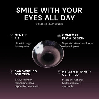 EyeCandys Limited Edition Amelie Sakura Jelly Pink lens is featured on a black background, surrounded by four benefits: gentle fit, comfort flow design, sandwiched dye tech, and health & safety certified—each described in white text.