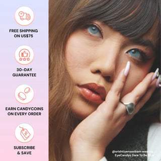 EyeCandys Dare to Be Blue  prescription colored contact lens on @srishtiyensenbam, highlighting free US$75 shipping, 30-day guarantee, CandyCoins rewards, and subscribe & save perks