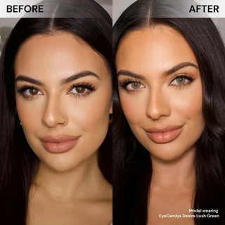 EyeCandys Desire Lush Green prescription colored contact lenses before-and-after on model’s face, creating a vivid yet realistic green eye effect.