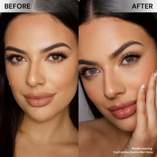 Before and after of model’s face wearing EyeCandys Desire Mist Grey prescription colored contact lenses, showing soft and natural grey eye transformation