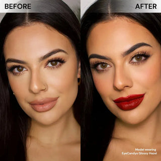 EyeCandys Dare to Be Hazel prescription colored contact lenses before-and-after on model’s face, creating a warm and realistic hazel eye effect.