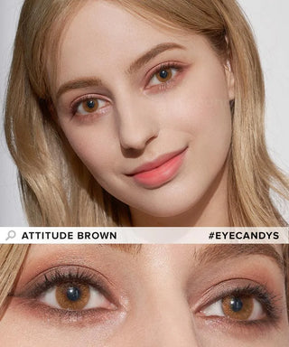 A light-skinned, blonde-haired woman wears natural makeup and EyeCandys Attitude Glitter Brown contacts. She smiles above a close-up of her glittery brown eyes. Text: "Attitude Brown" and "#EYECANDYS".
