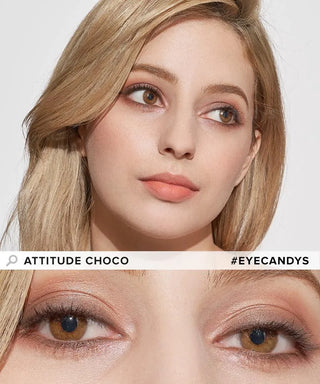 A woman with light skin and blonde hair looks to the side, showing off her EyeCandys Attitude Glitter Set (For Party Looks) colored contact lenses in a close-up. The natural look is highlighted with the hashtag #EYECANDYS.
