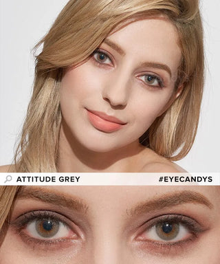 A blonde woman with light makeup is seen in a portrait and close-up, wearing EyeCandys Attitude Glitter Set contacts for party looks. A white banner at the bottom reads "ATTITUDE GLITTER SET" and "#EYECANDYS".