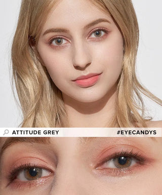 A young woman with fair skin, blonde hair, and light makeup wears EyeCandys Attitude Glitter Set (For Party Looks) contacts. The image highlights her sparkling eyes and the hashtag #EYECANDYS.