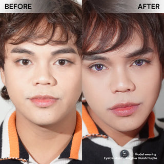 Side-by-side close-up of a face labeled "Before" and "After." The "After" side features brighter skin and EyeCandys Powerglow Bluish Purple lenses—ideal colored contacts by EyeCandys for standout style or cosplay.