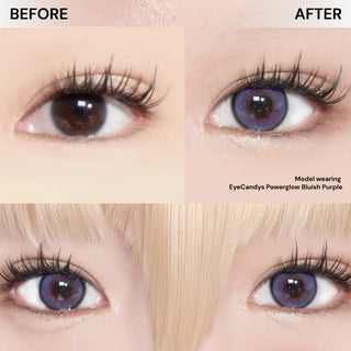 Close-up of eyes before and after wearing EyeCandys Powerglow Bluish Purple lenses. The "after" shows vibrant color, ideal for cosplay or making a statement. Text highlights the model is wearing EyeCandys Powerglow Bluish Purple contacts.