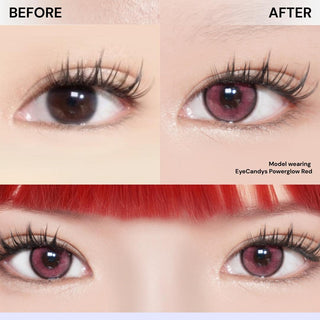 Side-by-side close-ups show natural brown eyes "before" and ultra-vibrant red eyes "after" using EyeCandys Powerglow Reddish Pink lenses. The lower image reveals both lens-enhanced eyes and bold matching red hair. Brand: EyeCandys.