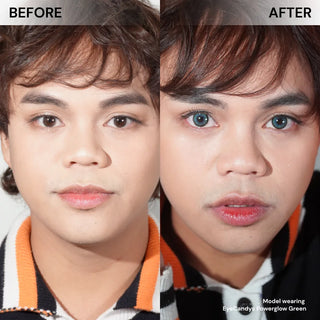 Split image shows a person's face before and after wearing EyeCandys Powerglow Turquoise Green contacts. The "after" side features vibrant turquoise green eyes, while the "before" side displays natural dark brown eyes.