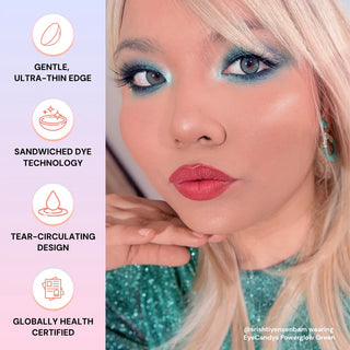 A woman with long blonde hair and bold teal eye makeup poses in a sparkly green top, showcasing EyeCandys Powerglow Turquoise Green lens. On the left, icons highlight moisture retention, ultra-thin edge, dye tech, and health certification.