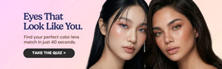 Side-by-side comparison of two models wearing EyeCandys colored contact lenses, featuring Bunnie Milky Ash Grey on one model and Cashmere Satin Olive on the other, highlighting subtle natural color differences and realistic eye enhancement effects
