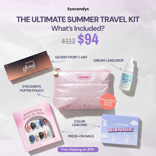 EyeCandys Travel Pack featuring Glossy Ivory 1-Day Colored Contacts, Pink Puffer Pouch, Press-On Nails, Dream Lens Drops, and a Colored Lens Pair