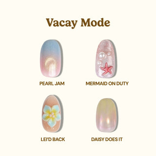 The Vacay Mode Press-On Nail Set by EyeCandys features four vacation-inspired designs: Pearl Jam (shimmery pink/blue), Mermaid On Duty (pink with pearls/starfish), Lei’d Back (peach with a flower), and Daisy Does It (iridescent pastel). Reusable manicure!.