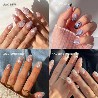 Four images showcase EyeCandys' Main Stage Press-On Nail Set: pale lilac nails with 3D flowers, metallic blue with wing patterns, pastel florals, and sheer nails with stars—ideal for a salon-inspired, long-lasting manicure at home.