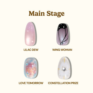 Four decorated EyeCandys Main Stage Press-On Nail Set designs are shown: Lilac Dew (pale lilac shimmer), Wing Woman (black/pink with white dots), Love Tomorrow (pastel swirl with gems), and Constellation Prize (white with silver star).