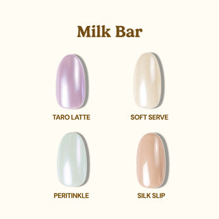 EyeCandys' Milk Bar Press-On Nail Set features four oval shades—Taro Latte, Soft Serve, Periwinkle, and Silk Slip—delivering salon-quality gel manicure looks in easy-to-use handmade press-on nails.