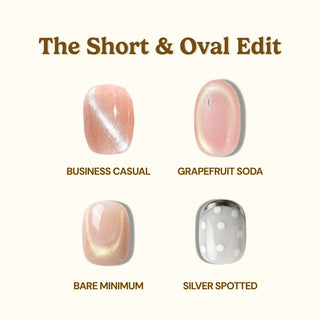 The EyeCandys Short Oval Edit Press-On Nail Set features four salon-style, handmade nails: Business Casual (peach with shimmer), Grapefruit Soda (pink with shimmer), Bare Minimum (nude shimmer), and Silver Spotted (gray polka dot).