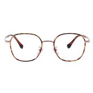 The EyeCandys Farrow Round features narrow-fit round eyeglasses with thin brown tortoiseshell frames, a metal bridge, and clear nose pads, displayed front-facing on a white background.