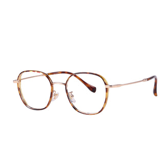 The EyeCandys Farrow Round features narrow-fit round eyeglasses with thin tortoiseshell frames, gold metal temples, clear nose pads, and slightly curved arms, shown against a white background.