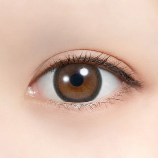 Close-up of an eye wearing Feliamo 1-Day Tarte Tatin prescription colored contact lenses. Warm milk chocolate brown contacts with a bold 3.2mm dark outer ring create a polished, defined circle lens effect. Japanese daily disposable colored contacts that enhance brown eyes with a natural caramel tone, subtle enlargement, and comfortable all-day wear.